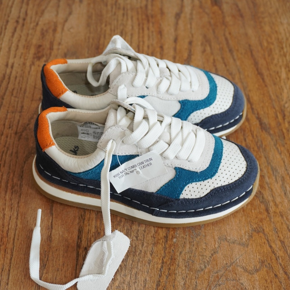 Clarks Kids 10.5‎ CraftRun Navy Combi Leather Sneakers Blue Orange School Casual